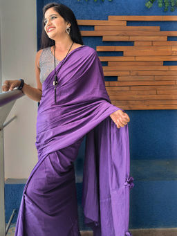 APAAPI THREADS OF GLORY - Ruffle Purple Mulmul Saree with Unstitched Blouse by Apaapi