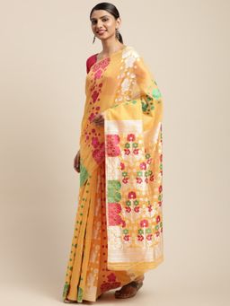 Vastranand - Yellow & Pink Woven Design Jamdani Saree with Unstitched Blouse