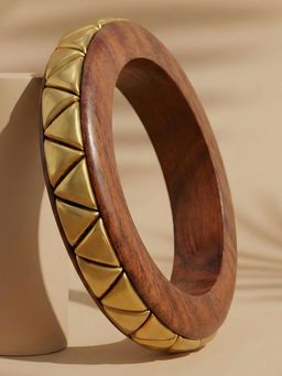 ADIVA - Brown Wooden Finish Chunky Statement Kada with Gold-Tone Stud Detailing for Women