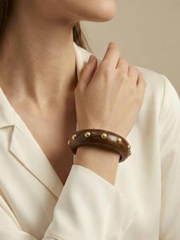 ADIVA - Brown Wooden Finish Chunky Statement Kada with Gold Stud Embellishment for Women