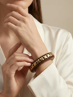 ADIVA - Brown Wooden Finish Chunky Statement Kada with Gold Clover Motif Detailing for Women