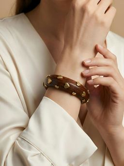 ADIVA - Handcrafted Brown Wooden Kada with Gold-Tone Heart Stud Detailing for Women