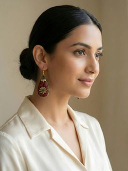 ADIVA - Gold Plated Teardrop Boho Red Stone Mosaic Floral Statement Drop Earrings