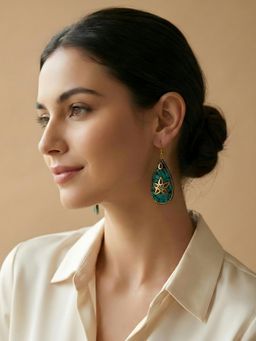 ADIVA - Gold Plated Teardrop Boho Green Stone Mosaic Floral Statement Drop Earrings