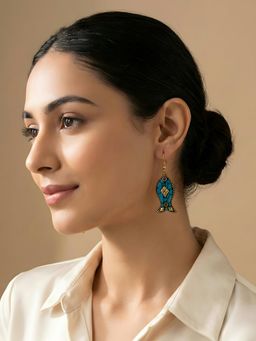 ADIVA - Gold Plated Fish Shape Blue Stone Mosaic Statement Drop Earrings