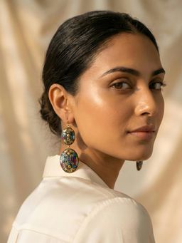 ADIVA - Gold Plated Oval Shape Multicolour Stone Mosaic Statement Drop Earrings