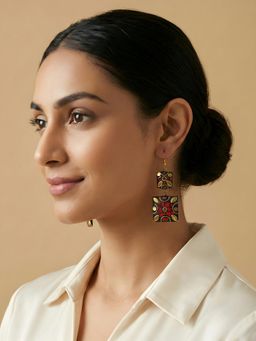 ADIVA - Gold Plated Square Shape Red Stone Studded Statement Dangler Earrings