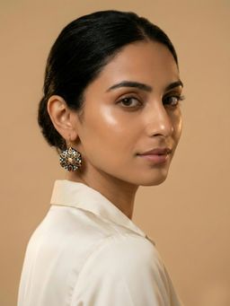 ADIVA - Gold Plated Hexagon Shape Black Red Stone Statement Dangler Earrings