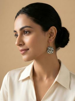 ADIVA - Gold Plated Round Shape Grey Stone Studded Statement Dangler Earrings