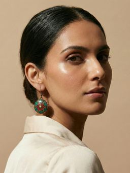 ADIVA - Gold Plated Round Shape Green and Red Stone Statement Dangler Earrings