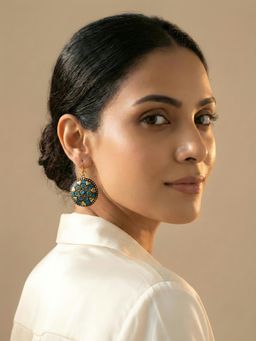 ADIVA - Gold Plated Round Shape Blue Stone Studded Statement Dangler Earrings