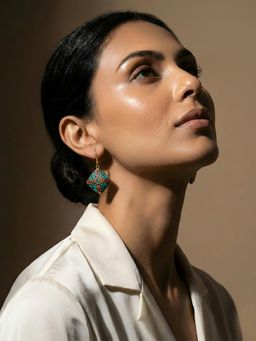 ADIVA - Gold Plated Square Shape Green and Red Stone Statement Dangler Earrings