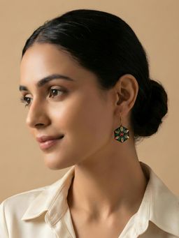 ADIVA - Gold Plated Hexagon Shape Green and Red Stone Statement Dangler Earrings