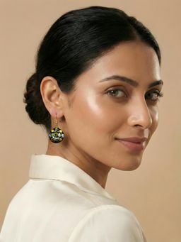 ADIVA - Gold Plated Round Shape Grey Stone Studded Statement Dangler Earrings