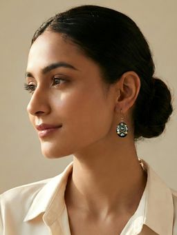 ADIVA - Gold Plated Oval Shape Grey Stone Studded Statement Dangler Earrings