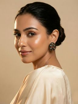 ADIVA - Gold Plated Oval Shape Grey and Red Stone Statement Studs