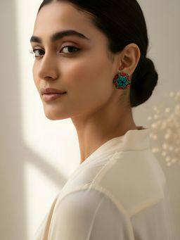 ADIVA - Gold Plated Hexagon Shape Blue and Red Mosaic Stone Statement Studs