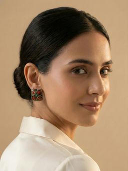 ADIVA - Gold Plated Square Shape Metal Red Stone Statement Studs