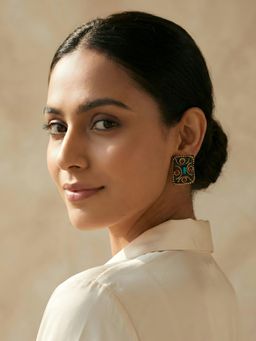 ADIVA - Gold Plated Square Shape Metal Green and Red Stone Statement Studs