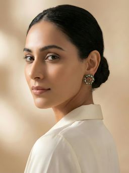 ADIVA - Gold Plated Hexagon Shape Black and Red Metal Floral Statement Studs