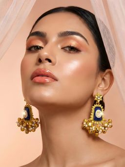 ADIVA - Gold Plated Traditional Kundan Navy Blue Stone Ghungroo Kashmiri Drop Earrings