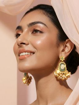 ADIVA - Gold Plated Traditional Pearl Light Green Stone Ghungroo Kashmiri Drop Earrings