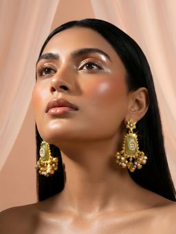 ADIVA - Gold Plated Traditional Pearl Pastel Green Stone Ghungroo Kashmiri Drop Earrings