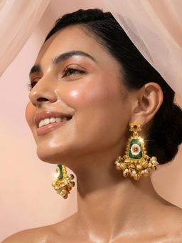 ADIVA - Gold Plated Traditional Pearl Green Stone Ghungroo Kashmiri Drop Earrings for Women