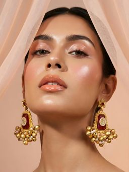 ADIVA - Gold Plated Traditional Pearl Studded Ruby Stone Ghungroo Kashmiri Drop Earrings