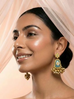 ADIVA - Gold Plated Traditional Pearl Studded Turquoise Stone Ghungroo Kashmiri Drop Earrings