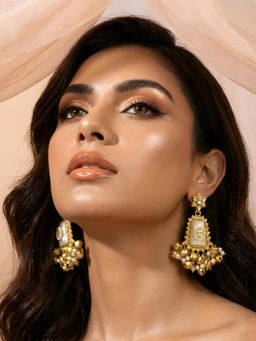 ADIVA - Gold Plated Traditional Pearl Studded White Stone Ghungroo Kashmiri Drop Earrings