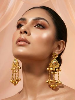 ADIVA - Gold Plated Traditional Stone Studded Long Kashmiri Drop Earrings with Ghungroo