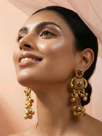 Gold Plated Traditional Stone Studded Handcrafted Ghungroo Kashmiri Drop Earrings