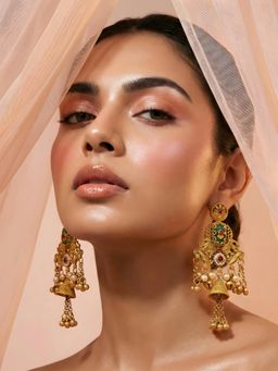 ADIVA - Gold Plated Ethnic Pearl Elephant Design Jhumka Kashmiri Drop Earrings