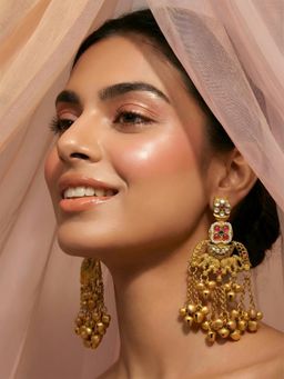 ADIVA - Gold Plated Ethnic Ruby Pearl Kundan Enamel Kashmiri Drop Earrings with Ghungroo