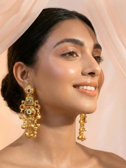 ADIVA - Gold Plated Traditional Elephant Motif Stone Studded Ghungroo Kashmiri Drop Earrings