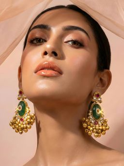 ADIVA - Gold Plated Traditional Green Kundan Stone Pearl Ghungroo Kashmiri Drop Earrings