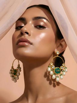 ADIVA - Gold Plated Pearl Drop Earrings with Green Enamel Detailing for Women