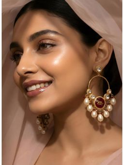 ADIVA - Gold Plated Pearl Drop Earrings with Ruby Enamel Detailing for Women