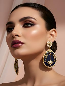 ADIVA - Gold Plated Kundan Enamel Blue Drop Earrings with Pearl Beads Traditional for Women