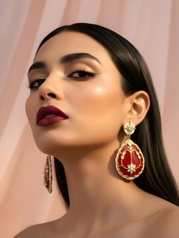 ADIVA - Gold Plated Kundan Enamel Ruby Drop Earrings with Pearl Beads Traditional for Women