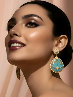 ADIVA - Gold Plated Kundan Enamel Turquoise Blue Drop Earrings with Pearl Beads Traditional