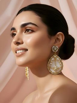 ADIVA - Gold Plated Kundan Enamel Off White Drop Earrings with Pearl Beads Traditional