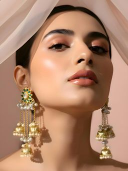 ADIVA - 22K Gold-Plated Kundan Studded Floral Long Chain Kashmiri Green Dangler Earrings