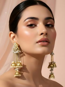 ADIVA - White 22K Gold-Plated Kundan Studded Floral Long Chain Kashmiri Dangler Earrings