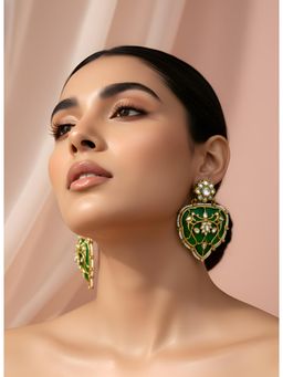 ADIVA - Gold Plated Kundan Green Enamel Heart Drop Earrings with Pearl Border for Women