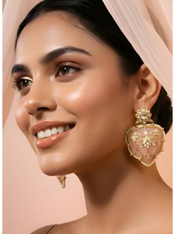 ADIVA - Gold Plated Kundan Pink Enamel Heart Drop Earrings with Pearl Border for Women