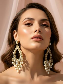 ADIVA - Gold-Plated Kundan Stone and Pearl Beaded Handcrafted Chandelier Drop Earrings