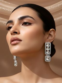 ADIVA - Silver-Plated Premium Crystal Stone Studded Rectangular Designer Drop Earrings