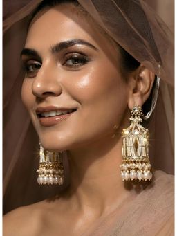 ADIVA - Gold-Plated Kundan Stone and Pearl Beaded Handcrafted Jhumka Drop Earrings for Women